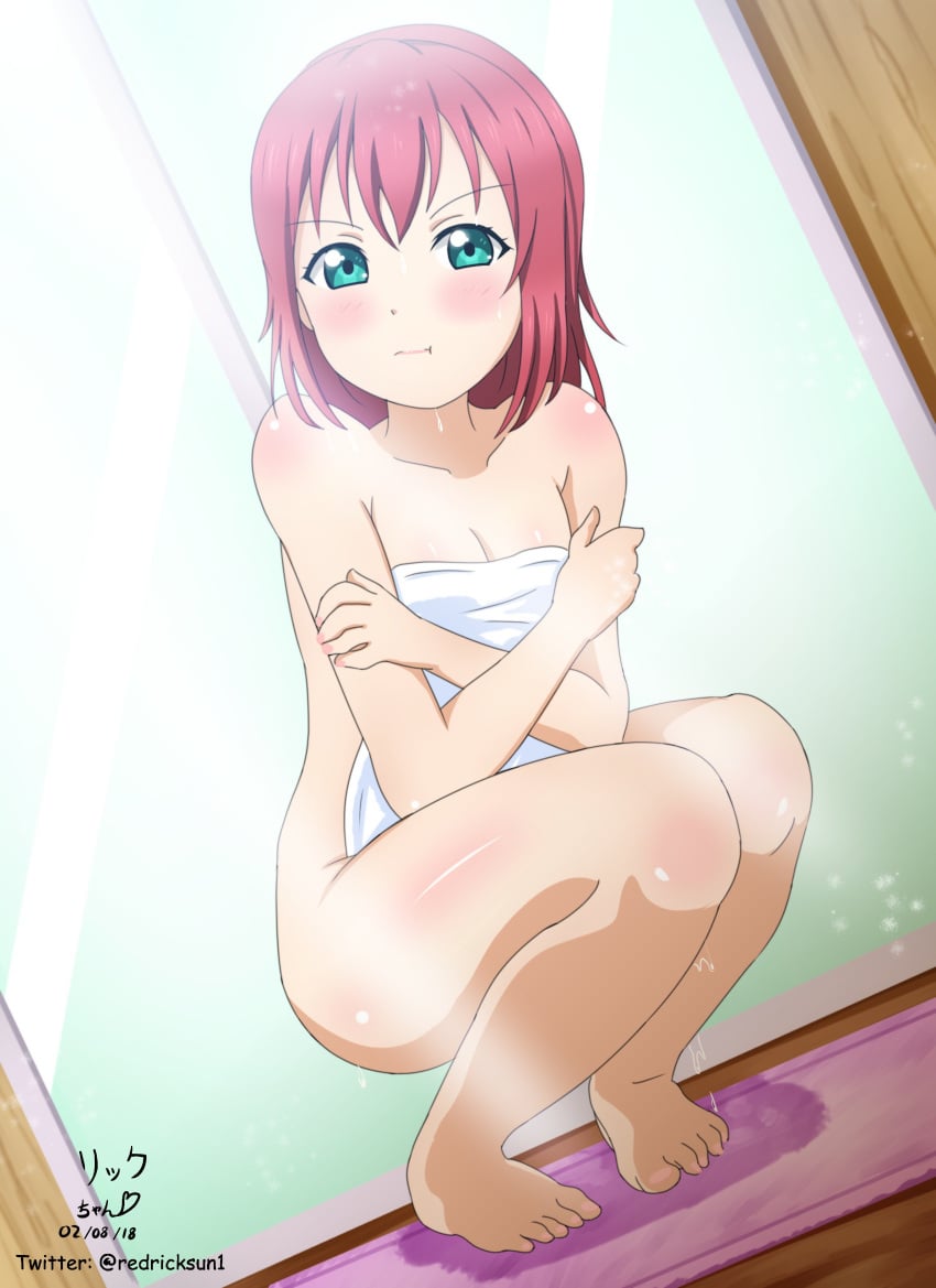 artist_request female green_eyes kurosawa_ruby love_live! love_live!_sunshine!! pout red_hair source_request squatting towel