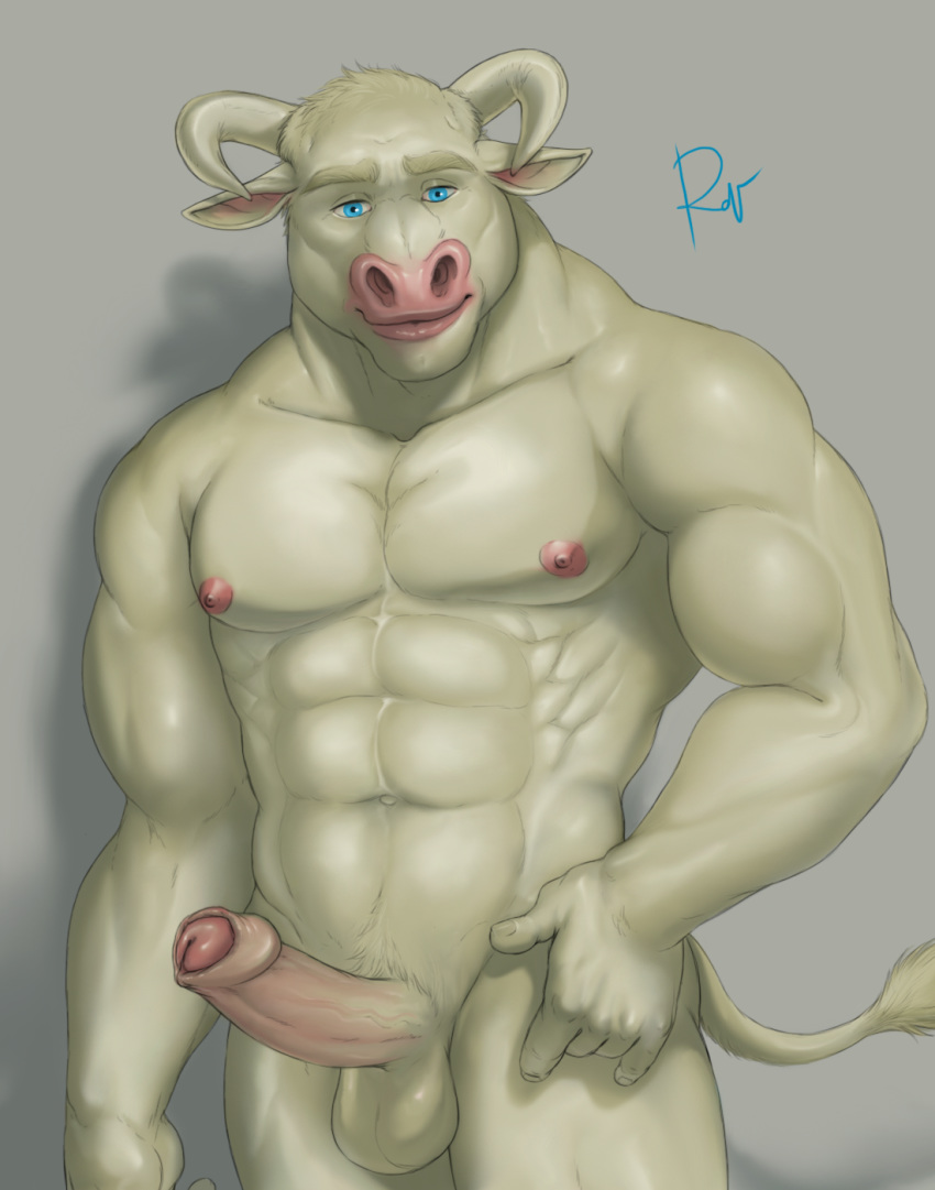 abs anthro balls beef biceps blue_eyes bovine bulge cattle cute erection foreskin macro male male_only mammal muscular nipples nude penis pinup pornography pose rov solo tall uncircumcised uncut