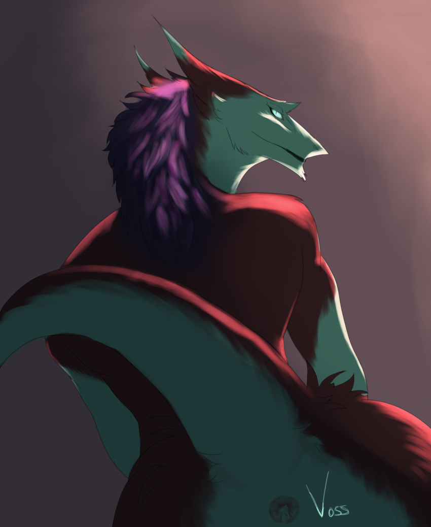 2018 anthro ass azaly braided_hair digital_media_(artwork) fur girly hair hi_res long_hair looking_back male mammal ophiseus presenting purple_hair sergal