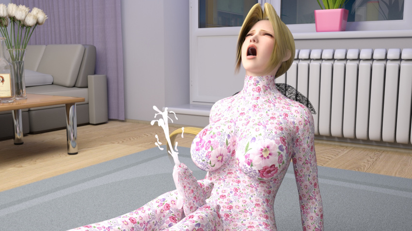 3d blonde_hair bodysuit cum cum_through_clothes cum_through_clothing cumshot daz3d dazstudio dead_or_alive feet footjob futanari helena_douglas scream screaming