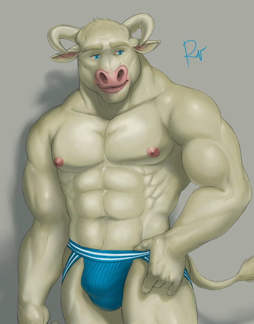 1boy abs anthro beef biceps blonde_hair blue_eyes bovine bulge burly cattle clothing cute furry hair jockstrap macro male male_only mammal muscular nipples owo pinup pose rov solo standing tall underwear