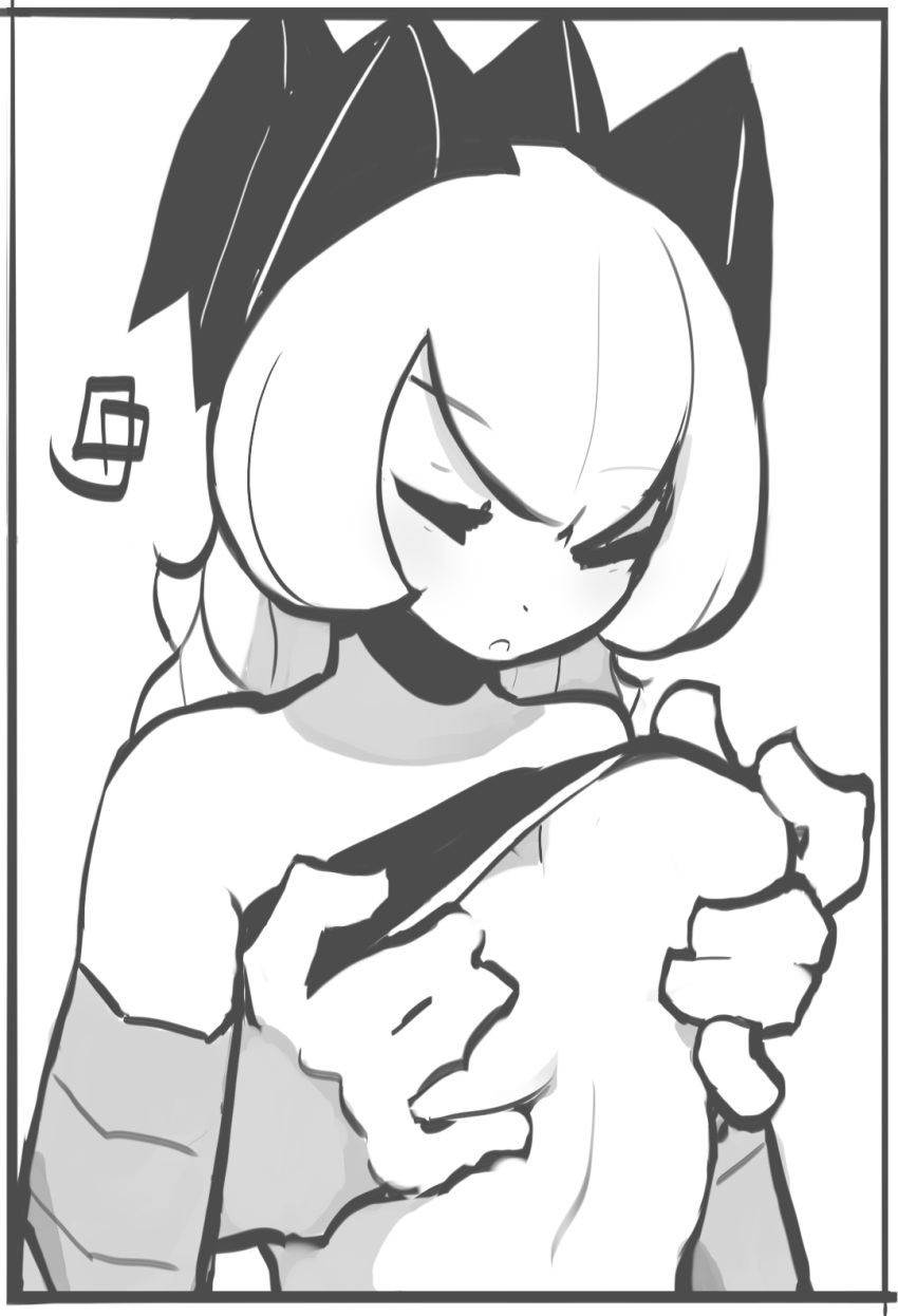 bare_shoulders bra_lift breast_grab breasts closed_eyes disembodied_limb dragon_girl female groping hands_on_breasts horns long_hair monochrome open_mouth original rawsins upper_body