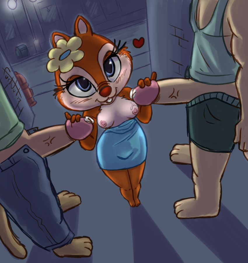 2017 anthro areola blue_eyes breasts buckteeth chip_'n_dale chip_n_dale_park_life chipmunk city clarice_(chip_n_dale) clothed clothing detailed_background disney dress exposed_breasts eyelashes faceless_male female fire_hydrant fur furnut group group_sex handjob heart hi_res interspecies larger_male legs_together looking_at_viewer male mammal night nipples outdoors pants penis precum red_nose rodent sex shirt shorts signature size_difference sleeveless_shirt small_breasts smaller_female smile solo_focus standing tan_fur teeth two_chips_and_a_miss white_fur