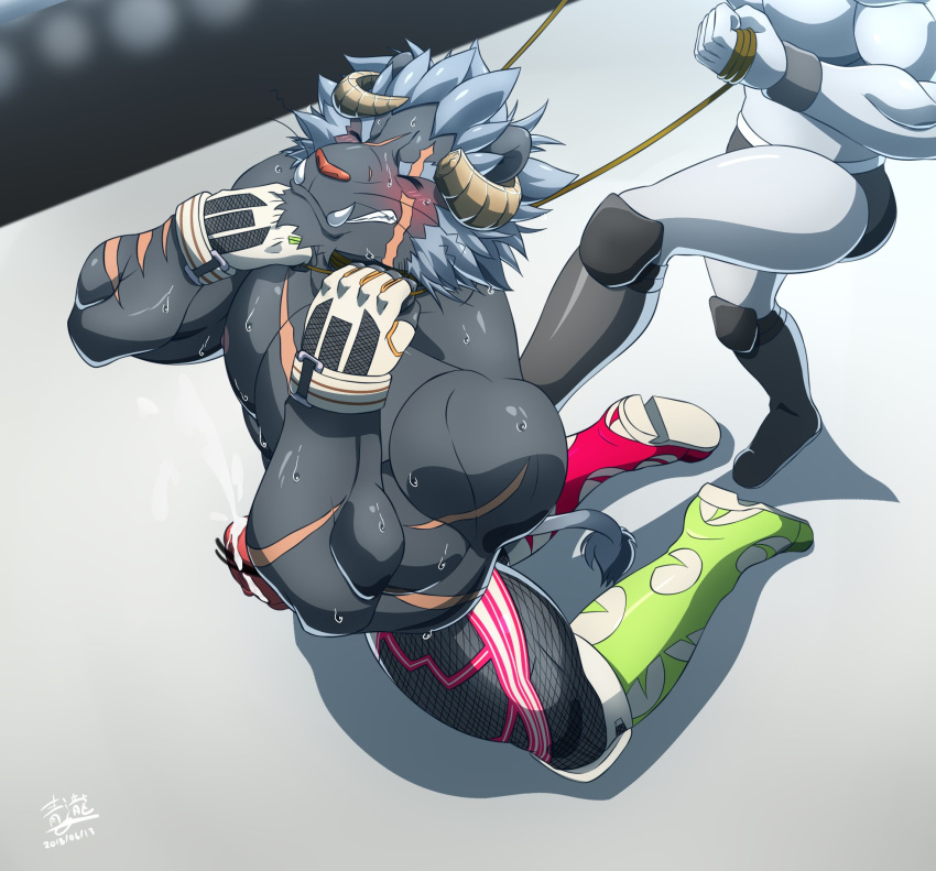 anthro asphyxiation blush boots clothes footwear gloves krampus krampus_(tokyo_afterschool_summoners) male male_focus male_only muscles penis precum rope scar strangling subaru_aotk tokyo_afterschool_summoners wrestler