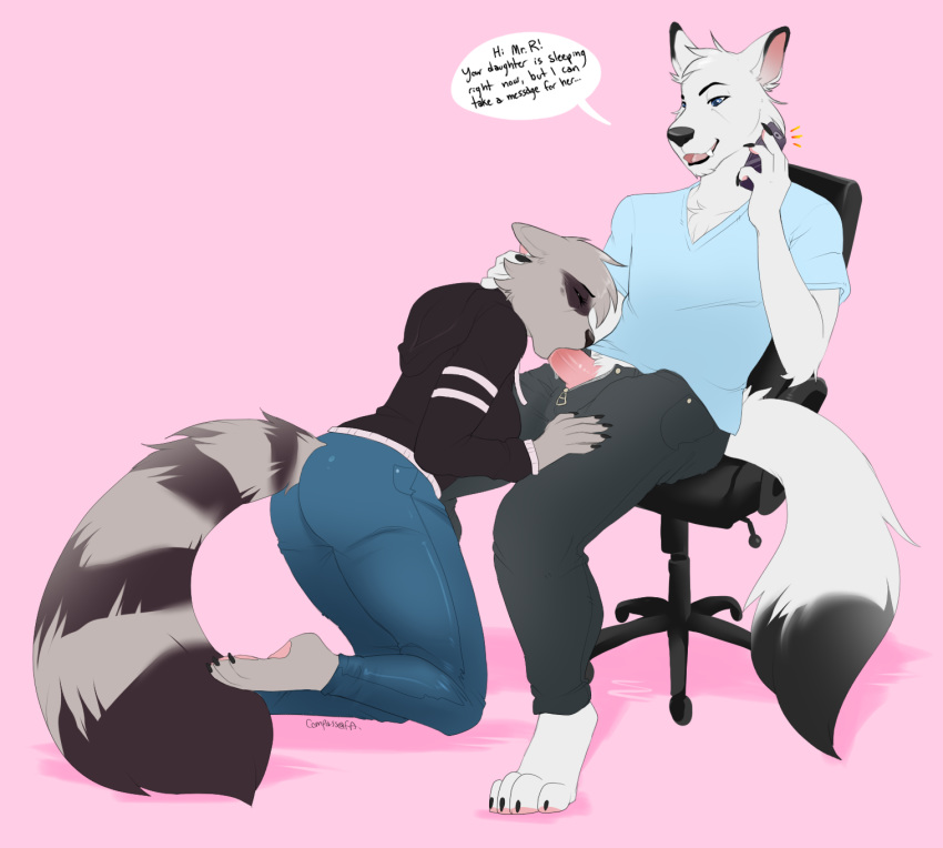 2018 aaron_fox anthro anthro_on_anthro arctic_fox ass canine chair clothed clothed_sex clothing compass_(artist) dialogue erection fellatio female fox fur furry hand_on_head happy happy_sex jacket jeans male mammal open_mouth oral oral_penetration original original_character original_characters pants penetration penis phone procyonid raccoon robin_raccoon romantic_couple saliva sex shirt smile stealth straight t-shirt