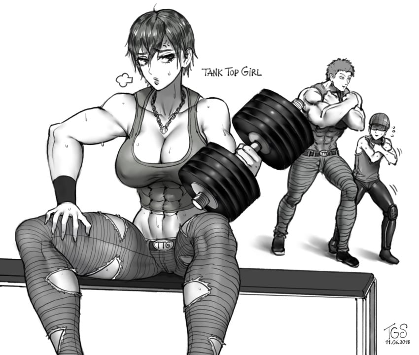 1girls 2boys abs athletic_female cleavage dumbbell female fit_female jeans large_breasts light-skinned_female mature_female mumen_rider muscular muscular_female muscular_male one-punch_man short_hair sitting slim_waist tank_top tanktop_girl tanktop_master thegoldensmurf thick_thighs wide_hips