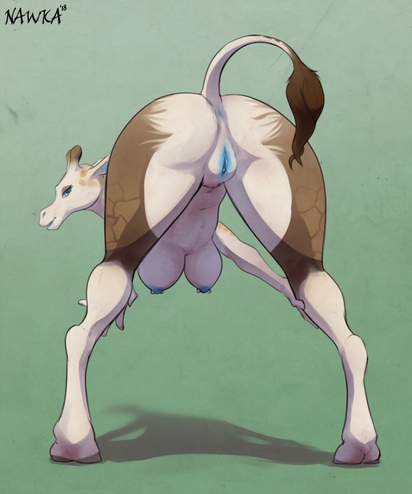 2018 anthro anus areola ass big_ass big_butt blue_eyes breasts female fur furry furry_only giraffe half-closed_eyes hybrid looking_at_viewer looking_back mammal nawka nipple_piercing nipples nude okapi open_mouth piercing presenting presenting_anus presenting_hindquarters presenting_pussy pussy solo tail thick_thighs