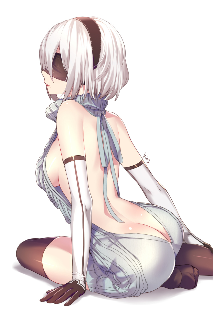 aki663 ass blindfold breasts cleavage female female_only mole_under_mouth nier nier:_automata short_hair sideboob solo thighhighs virgin_killer_sweater white_hair yorha_2b