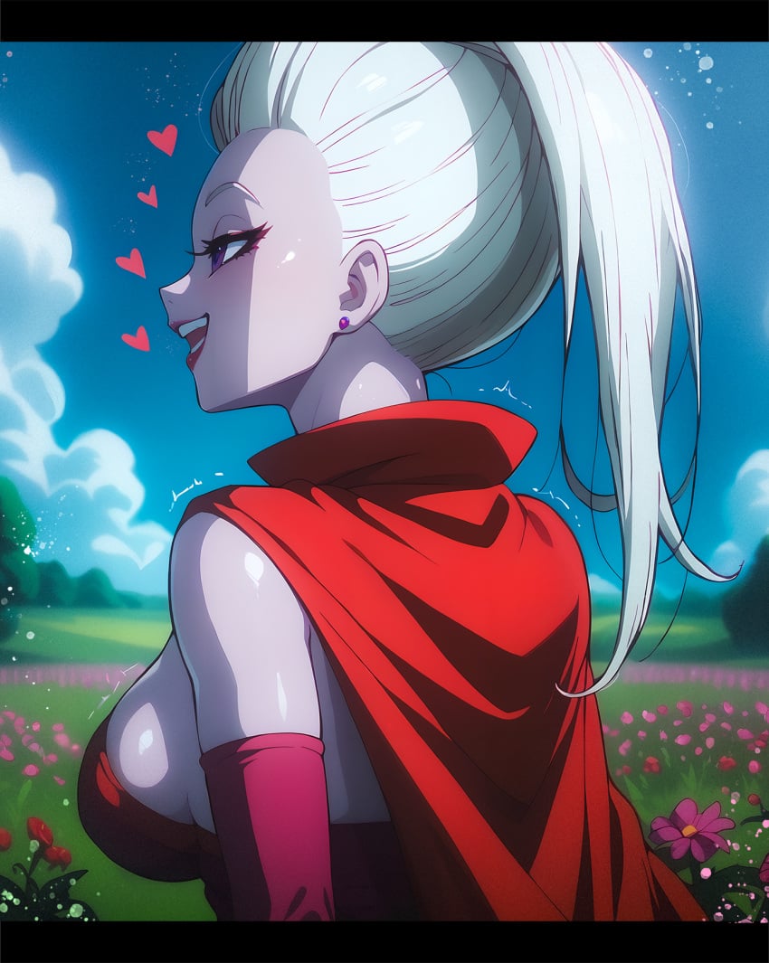 1girls ai_generated arinsu arm_sleeves big_breasts big_tits breasts cape cute cute_eyes cute_face cute_female cute_smile dr._arinsu dragon_ball dragon_ball_daima dragon_ball_super dragon_ball_z earring eyeliner female female_only fuchsia_arm_sleeves fuchsia_clothes fuchsia_clothing fuchsia_eyeliner fuchsia_lipstick glind heart hearts lewdiii lipstick makeup no_bra purple_body purple_earring purple_eyes purple_skin purple_skinned_female red_cape red_clothes red_clothing smile smiling smiling_female tits white_hair white_hair_female yard