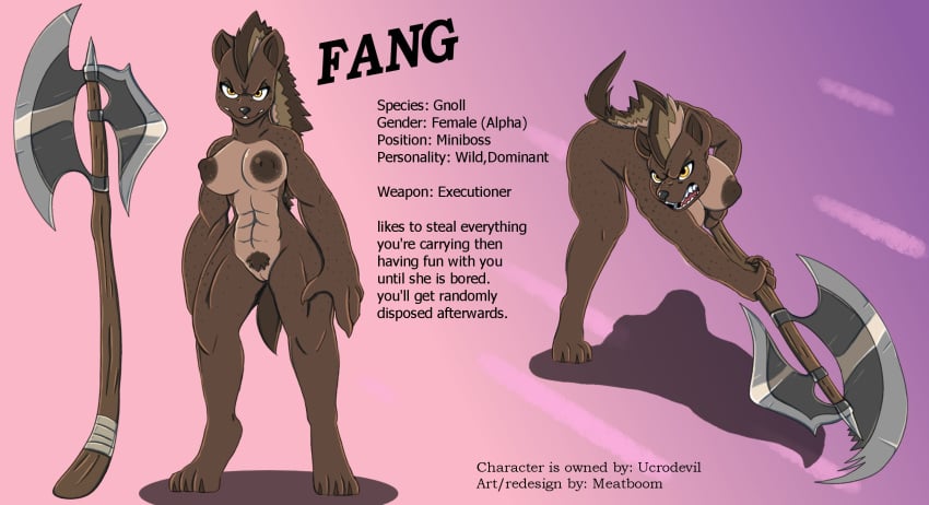 axe breasts character_profile character_sheet english_text fang_(ucrodevil) female furry gnoll mammal meatboom melee_weapon muscular muscular_female nude pubes pussy text weapon