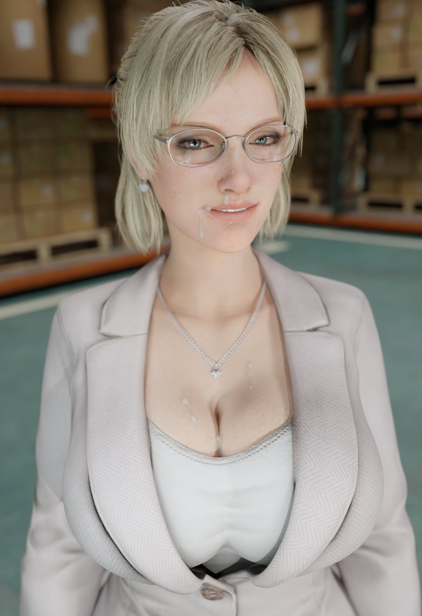 1girls 3d big_breasts blonde_hair blue_eyes breasts capcom cleavage cum cum_on_breasts cum_on_face dead_rising female glasses huge_breasts jessica_mccarney solo vensaku