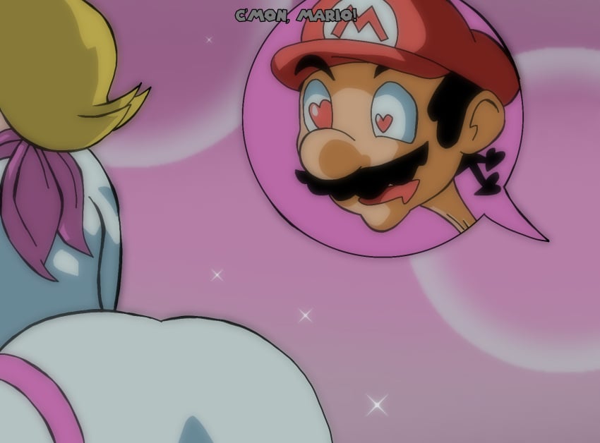 1990s 1boy 1girls ass ass_focus blonde_female bright_background brunette_male clothing fake_screenshot female funny heart-shaped_pupils human looking_at_ass male mario mario_(series) mario_kart mario_kart_world nintendo pale_skin pervert princess_peach princess_peach_(aero)