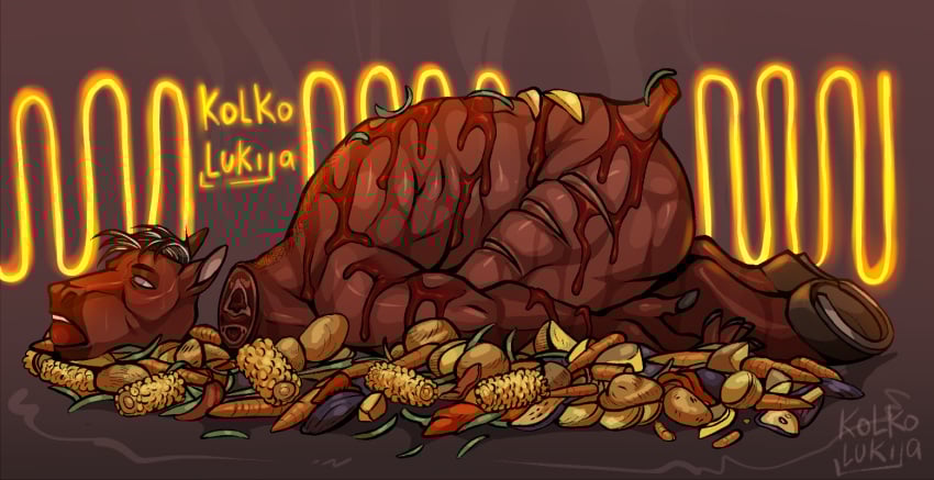 anthro carrot cook cooking cooking_with_furs corn corpse death equid equine food food_dressed fried gore hairless hooves kolkolukija male mammal meat plant potato roast roasting shaved_fur shaved_pussy solo vegetable