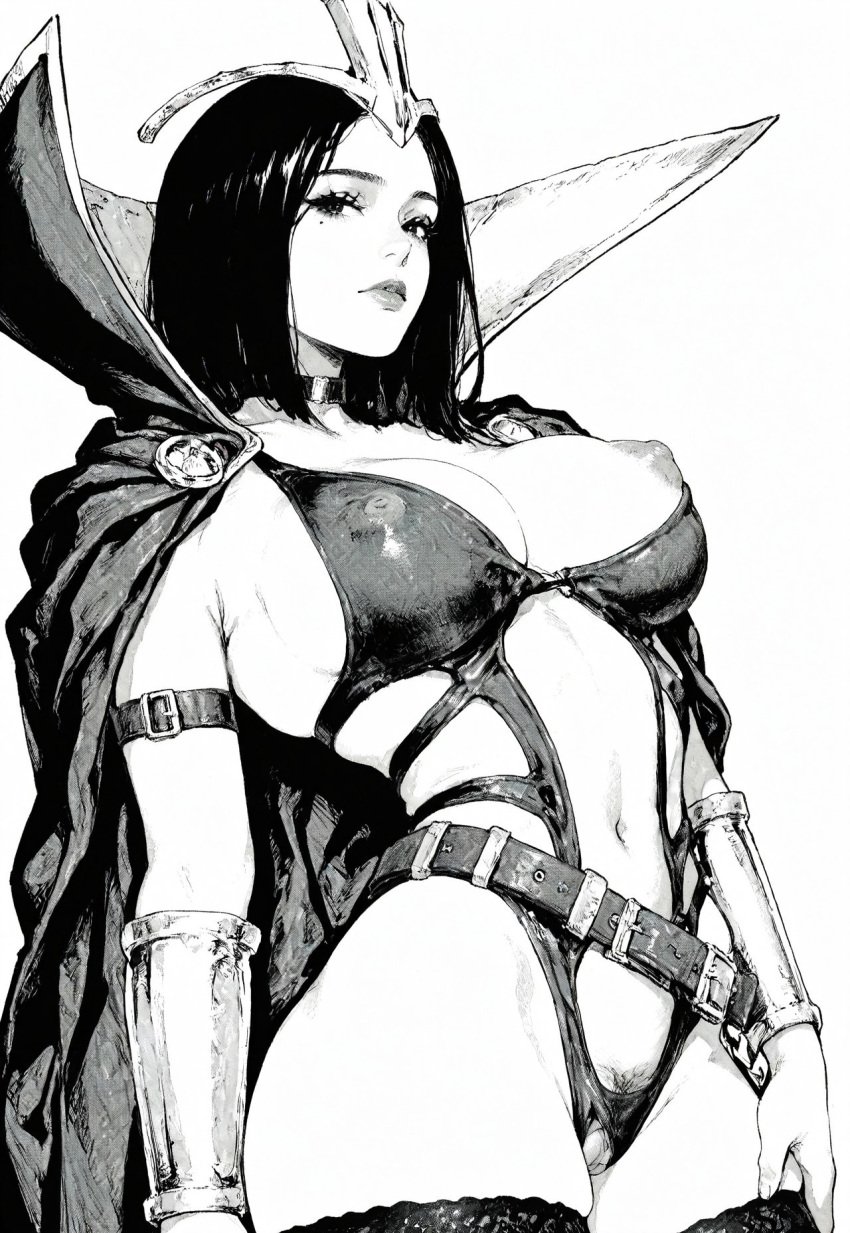 ai_generated big_ass big_breasts black_and_white breasts colorless huge_breasts league_of_legends leblanc nipple_slip no_color thick_thighs
