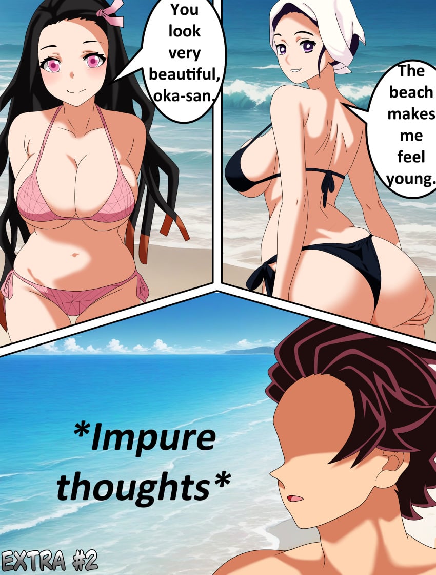 1boy 2girls ai_generated ass ass_grab beach demon_slayer kamado_kie kamado_nezuko kamado_tanjirou kimetsu_no_yaiba thighs xvanana100
