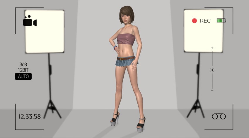 1girls bangle belly belly_button blue_eyes brown_hair choker dubious_consent feet female foto freckles frown frowning g4ill4rd hand_on_hip hand_on_leg high_heels legs life_is_strange looking_away max_caulfield maxine_caulfield miniskirt nervous petite petite_female photo photoshoot platform_heels slim standing studio teenage_girl teenager tube_top tubetop unsure