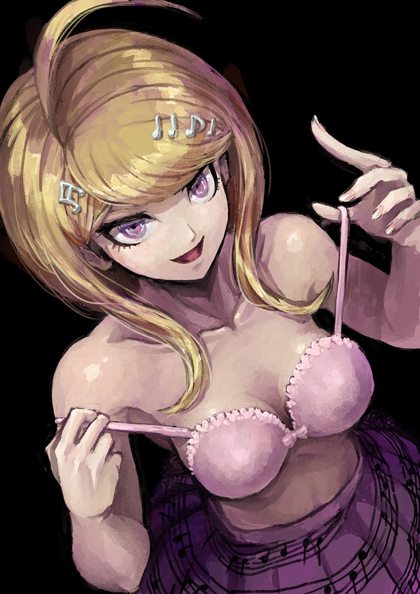 :d ahoge akamatsu_kaede black_background blonde_hair bra breasts collarbone danganronpa_(series) danganronpa_v3:_killing_harmony female fortissimo from_above hair_ornament hands_up highres long_hair looking_at_viewer looking_up medium_breasts musical_note musical_note_hair_ornament no_shirt open_mouth pink_bra pink_eyes pink_skirt pleated_skirt purple_eyes shiny_skin skirt smile solo strap_pull tsunemi_aosa underwear undressing youko-shima