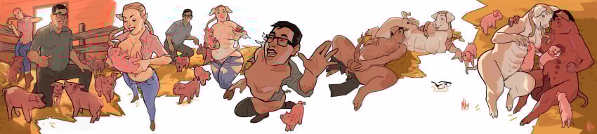 2025 absurd_res animal_genitalia animal_penis anthro big_breasts blush bodily_fluids breastfeeding breastfeeding_during_sex breasts duo erection eyewear female gender_transformation genitals glasses group gynomorph hi_res human_to_anthro intersex lactating long_image male male/female married_couple mid_transformation milk mtg_crossgender mti_crossgender nonamori penis porcine_penis projectile_lactation rule_63 slightly_chubby slightly_chubby_anthro species_transformation story story_at_source story_in_description transformation wide_image