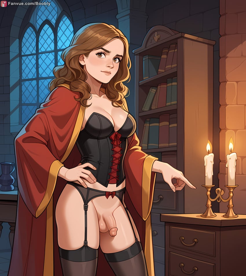 ai_generated boobly brown_hair candle corset futanari garter_belt harry_potter hermione_granger medium_breasts robe solo standing stockings