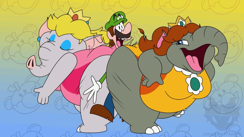 1boy 2girls 3_dog_band animated anthro anthro_on_anthro ass ass_crush bbw big_ass blonde_hair blue_overalls brown_hair clothing crown dumptruck_ass elephant elephant_daisy elephant_peach elephantid fat fat_ass fat_belly female gigantic_ass gloves green_hat green_shirt grey_body happy hat huge_ass jougidragon large_ass light-skinned_male light_skin luigi male male/female mammal mario_(series) nintendo obese obese_female open_mouth orange_swimsuit overweight overweight_female pink_swimsuit princess princess_daisy princess_peach royalty shirt straight super_mario_bros. super_mario_bros._wonder swimsuit tail thick_ass trunk white_gloves