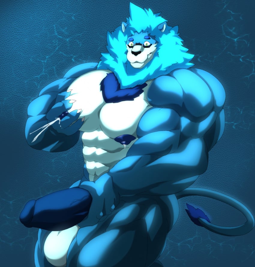 anthro balls bastroceive big_balls big_muscles big_penis blue_fur blue_nipples blue_penis countershading erection feline fur lion magangz male male_lactation male_only mammal masturbation mizu_raion muscular muscular_male nipples pec_milking penis projectile_lactation solo white_balls white_fur