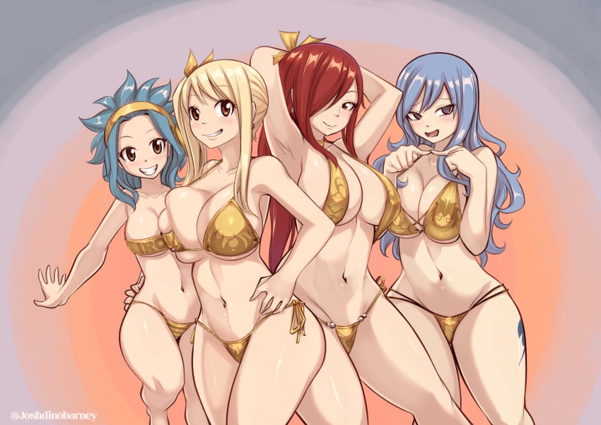 4girls bikini blonde_hair blue_hair blush brown_eyes cleavage erza_scarlet fairy_tail gold_bikini huge_breasts joshdinobarney juvia_lockser large_breasts levy_mcgarden lucy_heartfilia multiple_girls red_hair voluptuous