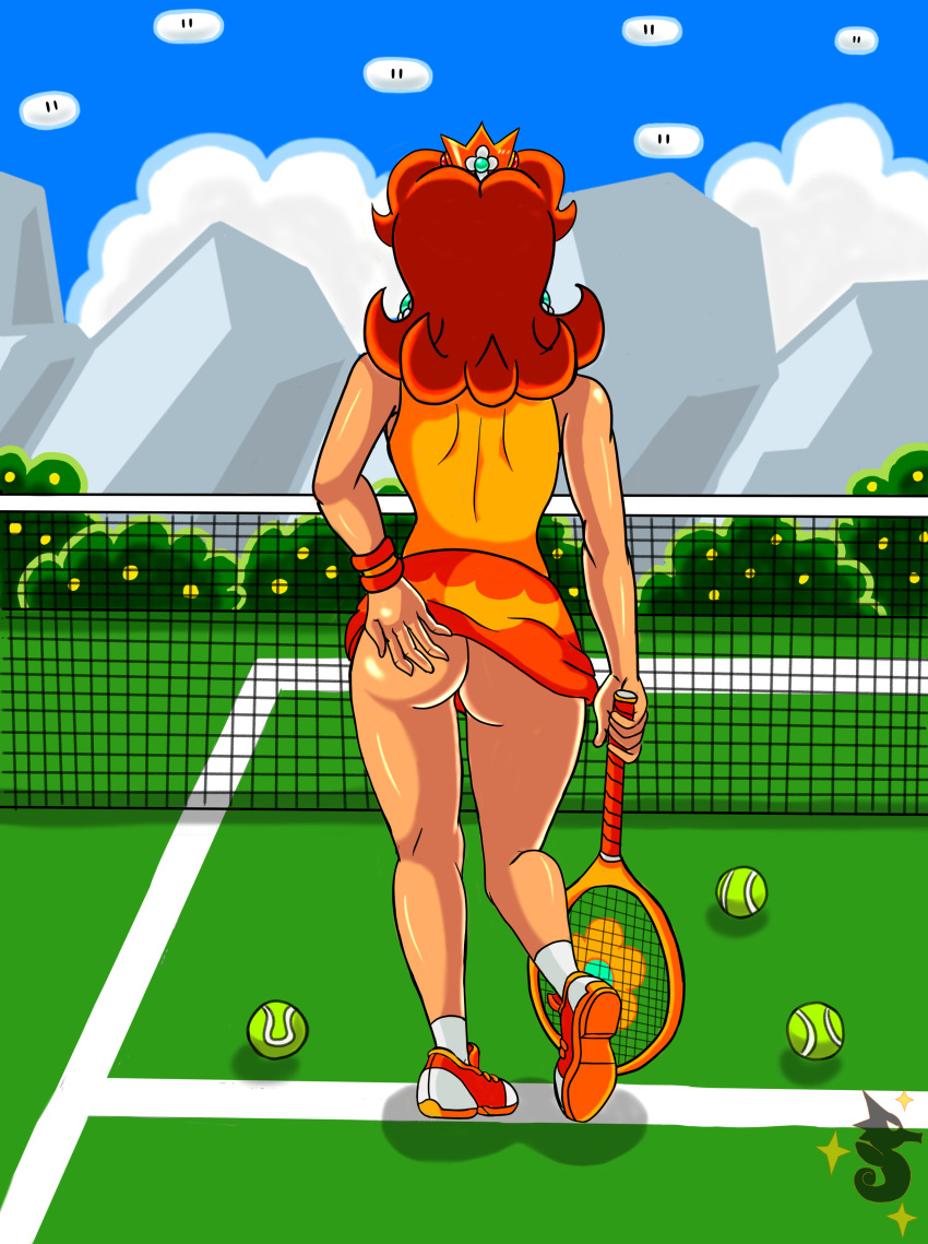 1girls 2018 back back_view crown earrings female female_only firegon55 flower_earrings human human_only mario_(series) mario_tennis nintendo no_panties princess_daisy reference_work shiningtatsu shoulder_length_hair solo supergon55 tagme tan-skinned_female tan_skin tennis tennis_ball tennis_girl tennis_racket