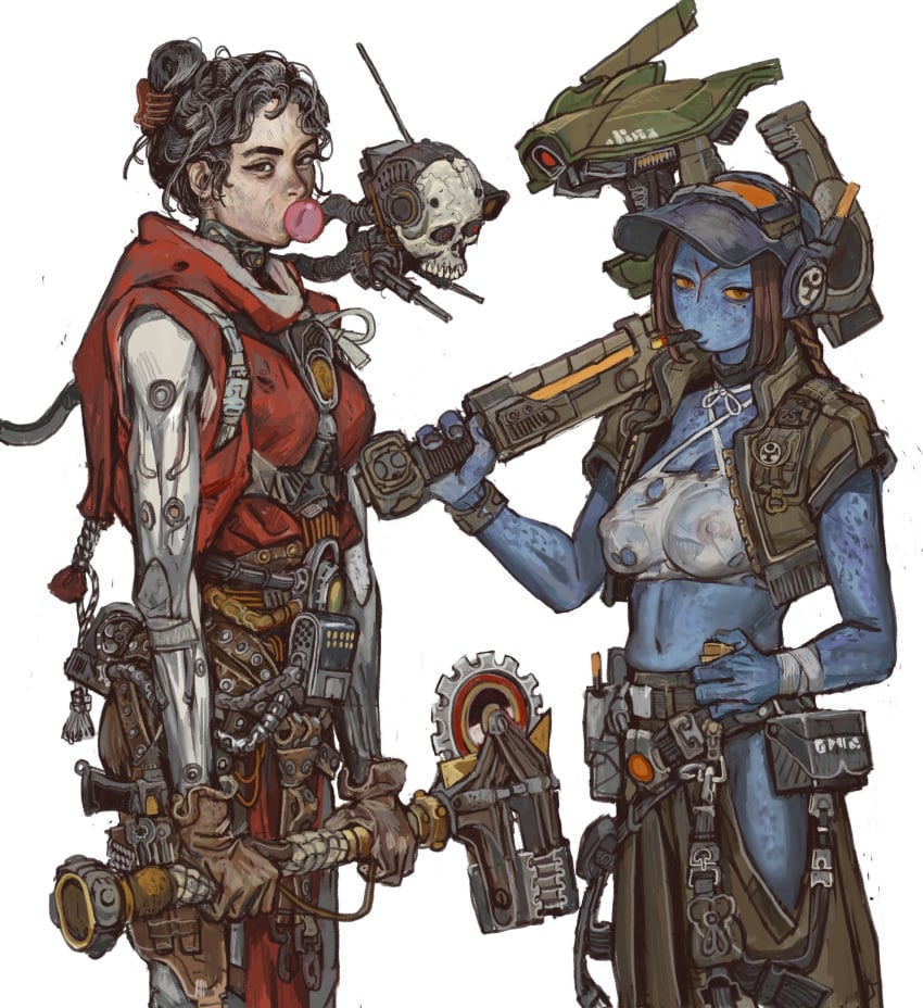 2girls adeptus_mechanicus alien alien_girl blue_body blue_skin imperium_of_man looking_at_viewer mossa mossacannibalis pistol prosthetic prosthetic_arm science_fiction skull tau tomboy warhammer_(franchise) warhammer_40k