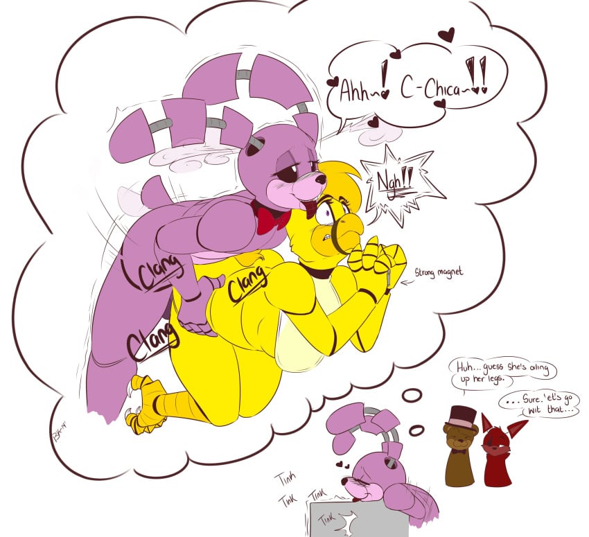 absurd_res animatronic anthro avian beak bear bent_over bird blush bondage bonnie_(fnaf) bound breasts bubble_kitten17 canine chica_(fnaf) chicken daydream english_text eyepatch eyewear feline female five_nights_at_freddy's forced fox foxy_(fnaf) freddy_(fnaf) highres imagination lagomorph licking machine male mammal professorcomms rabbit rape robot rope sex speech_bubble straight text tongue tongue_out video_game