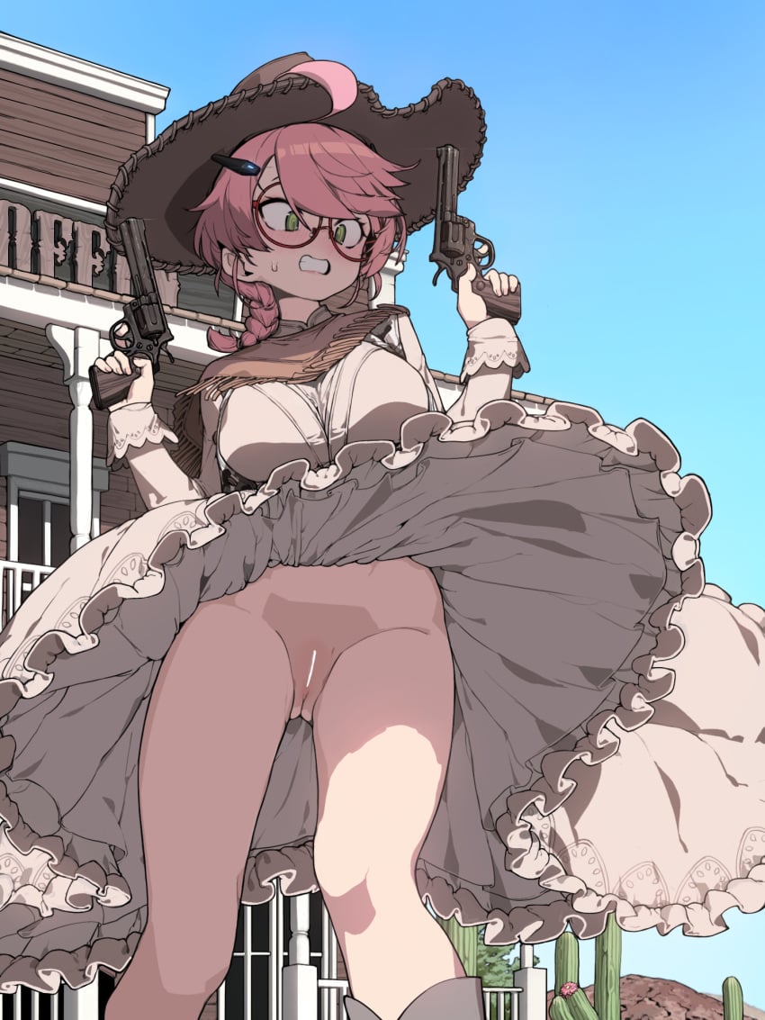 ahoge blue_sky blush breasts cactus censored clothes_lift cloud counter:side cowboy_hat day dress dress_lift female frilled_dress frills from_below glasses green_eyes gun hair_ornament handgun happening18 hat highres holding holding_gun holding_weapon large_breasts no_panties open_mouth outdoors pink_hair pussy rail_a revolver round_eyewear short_hair sky solo sylvia_lena_cooper thighs weapon