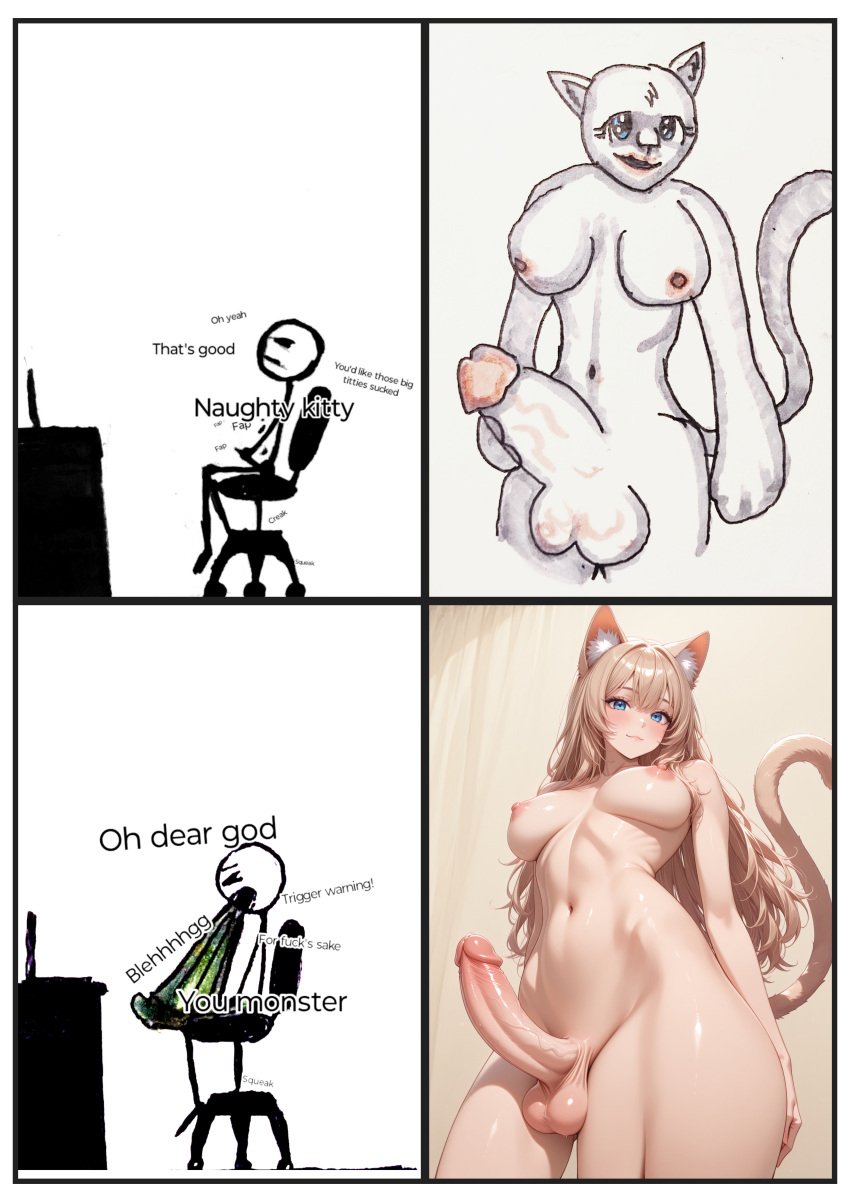 ai_generated bad_drawing cat_ears cat_tail comic drawing futanari intentional ugly