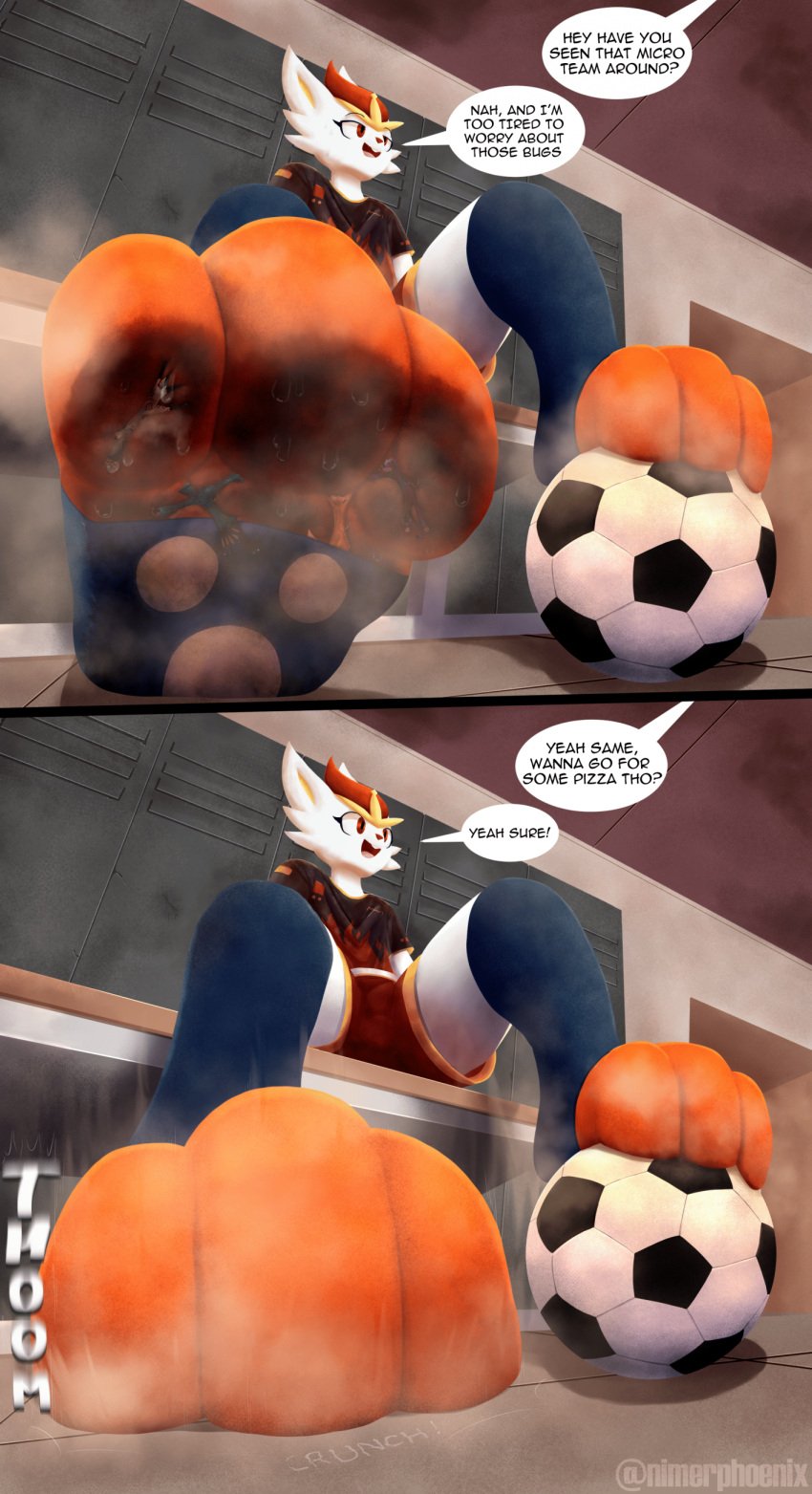 absurd_res ambiguous_gender anthro avian ball bench bodily_fluids bulge canid canine cinderace clothing crush dirty dirty_feet extreme_size_difference feet foot_crush foot_fetish foot_focus foot_play footwear fox generation_8_pokemon genital_outline group hi_res locker locker_room low-angle_view mammal micro neo_(neo_carnie) neo_carnie nintendo oblivious offscreen_character onomatopoeia open_mouth pawpads paws pokemon pokemon_(species) size_difference soccer_ball socks sound_effects speech_bubble sportswear sweat sweaty_feet text toeless_footwear toeless_socks trampling trapped_in_clothing underfoot worm's-eye_view