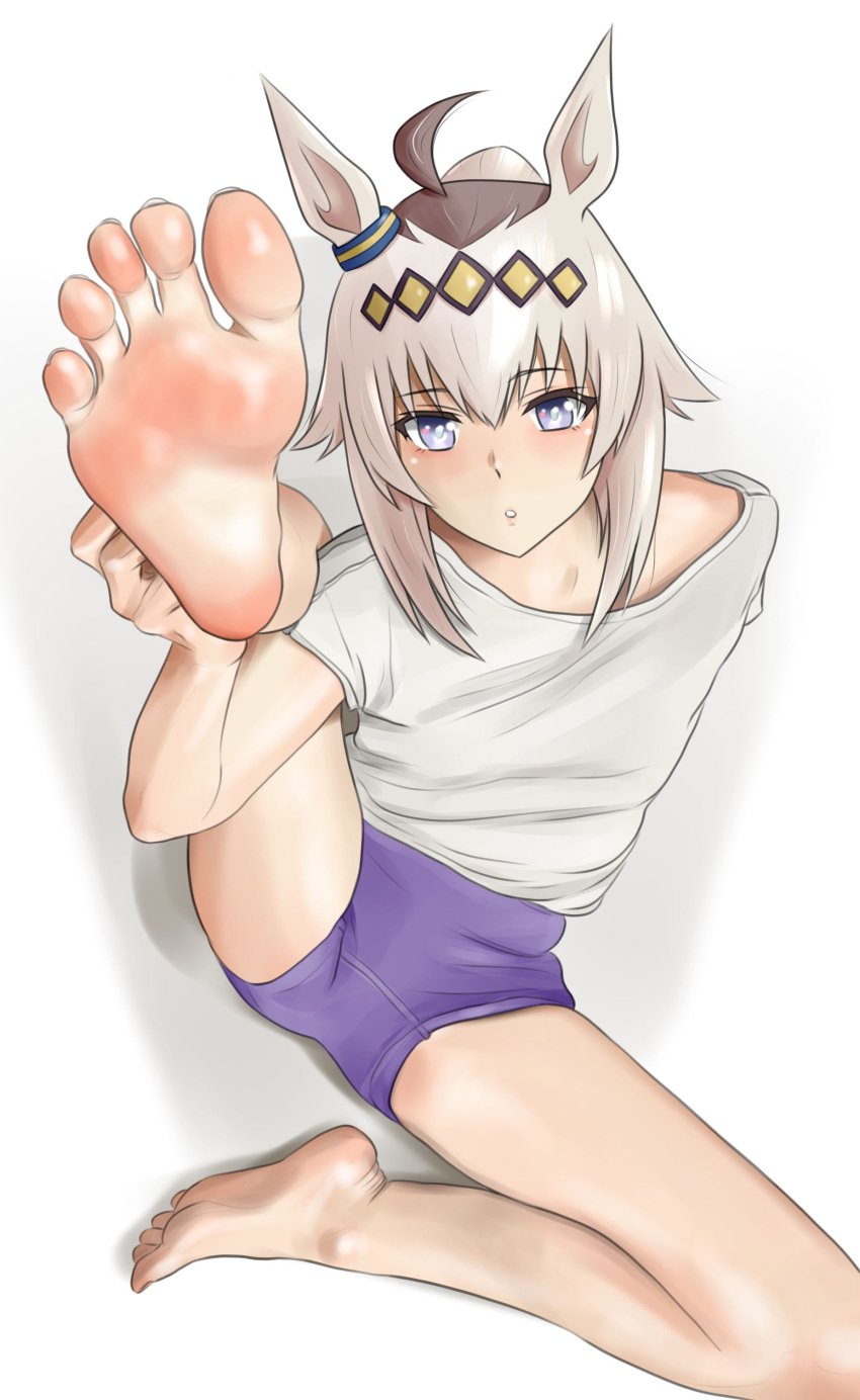animal_ears barefoot clothed feet flexible foot_fetish foot_focus legs_behind_head looking_at_viewer oguri_cap_(umamusume) purple_eyes shirow_(mha03133) simple_background small_breasts soles stretching tagme toes umamusume white_background white_hair yoga yoga_pose