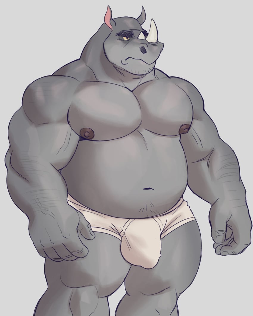 2022 5_fingers adios black_eyebrows briefs bulge clothed clothing colored detailed_bulge eyebrows fingers hi_res humanoid_hands mammal rhinoceros thick_eyebrows underwear underwear_only white_briefs white_clothing white_underwear