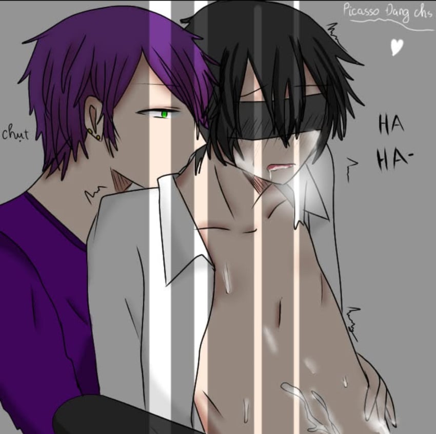 2boys black_hair blindfold blush collarbone collared_shirt cum cum_on_body drool drooling ear_piercing from_behind gay gay_sex green_eyes heart indoors jaki kissing_neck lhms male no_visible_genitalia purple_hair purple_shirt shinigami(lhms) simple_background skinny unbuttoned_shirt vietnamese_text violet(lhms) white_shirt