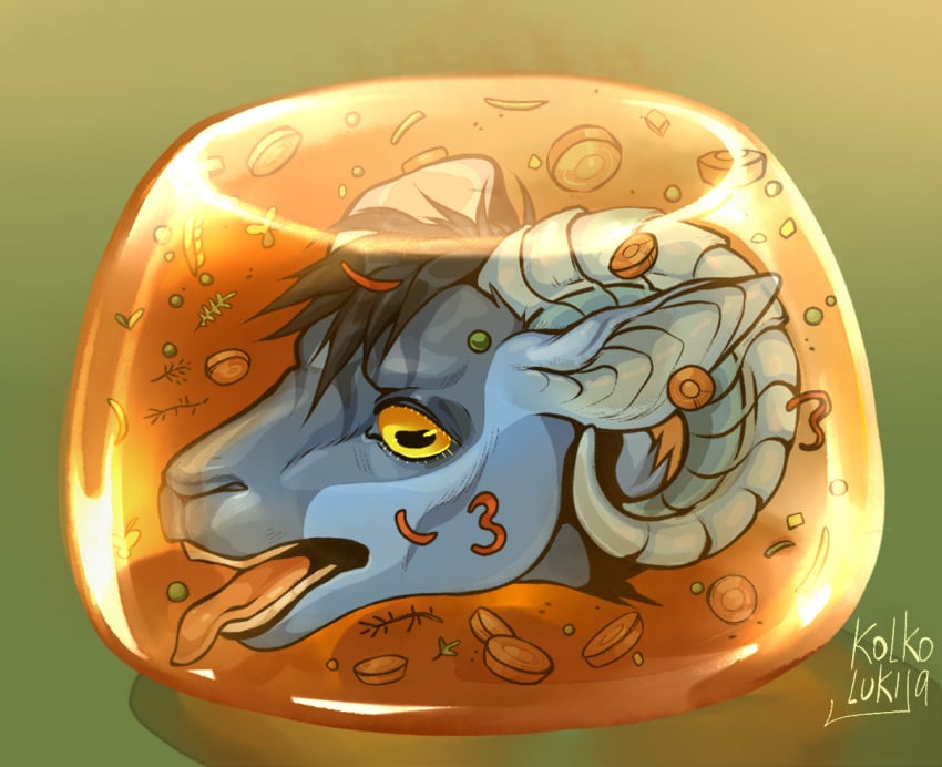 anthro blue_body blue_fur bovid bovid_horn caprine caprine_horn carrot death decapitation food fur gore hair horizontal_pupils horn jelly_(food) kolkolukija mammal open_mouth plant pupils ram_horn sheep short_hair tongue tongue_out vegetable yellow_eyes