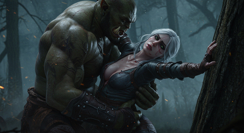 ai_generated breasts ciri cirilla_fiona_elen_riannon female forest grabbing green-skinned_male green_skin holding_partner human human_female leshay7 light-skinned_female light_skin male male/female muscular muscular_male night orc orc_male outdoors the_witcher_(series) the_witcher_3:_wild_hunt white_hair
