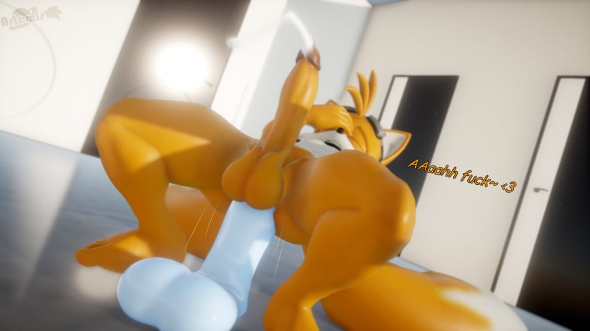 3d_(artwork) anal anal_masturbation anal_sex anthro artemissaturn balls big_dildo blush bodily_fluids canid canine cum digital_media_(artwork) dildo dildo_in_ass dildo_insertion dildo_sitting ejaculation eyewear eyewear_on_head femboy fox genital_fluids genitals goggles goggles_on_head hand_on_head hi_res male mammal masturbation object_in_ass penetration penis riding_dildo sega sex_toy sex_toy_in_ass sex_toy_insertion solo sonic_(series) sonic_the_hedgehog_(series) tails tails_the_fox text twink widescreen