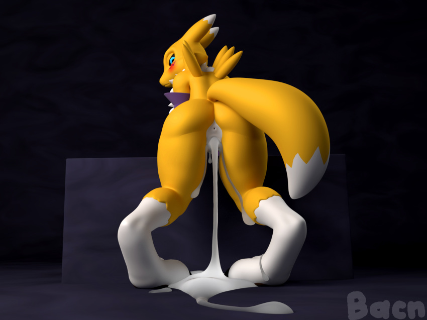 2018 3d after_sex anthro anus ass bacn bent_over black_sclera blue_eyes blush canine chest_tuft clothing cum cum_drip cum_in_pussy cum_inside cum_leaking cum_pool cum_string digimon female fur looking_at_viewer looking_back mammal nude pussy renamon renamon_(bacn) signature solo standing tuft vaginal_penetration white_fur yellow_fur