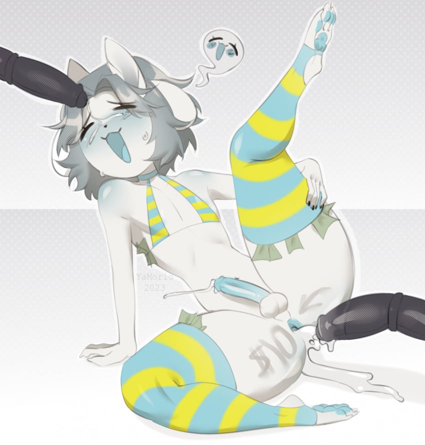 anal anthro balls big_penis blush bodily_fluids canid canine clothing cum cum_in_ass cum_inside cum_on_face cumshot domestic_cat ejaculation erection felid feline felis femboy genital_fluids genitals hi_res male male/male male_penetrating mammal open_mouth pattern_clothing penetration penile penis size_difference small_balls small_penis smaller_male smile solo striped_clothing stripes swimwear tem temmie_(undertale) thick_thighs two-piece_swimsuit undertale undertale_(series) white_body yamorio