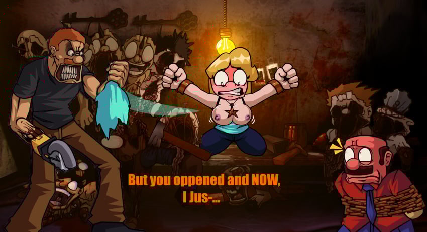 angry angry_expression angry_eyes angry_face areolae average_breasts bald_male blonde_female blonde_hair blonde_hair_female blood_everywhere blood_stain blush boobs_out bouncing_breasts breasts breasts_out brown_hair chainsaw_hand clothing concerned corpse dbtg_(sml) does_bad_things_guy_(sml) edited_official_artwork edited_screencap embarrassed embarrassed_female entity exhibitionism female fnf fnf_mods friday_night_funkin gore kneeling lanky lmao marvin_(sml) nipples on_knees restrained restrained_arms restrained_wrists restraints ripped_clothing ripped_shirt rose_(sml) semi_nude shackled_wrists shackles shaking_lines shucks silly sml stolen_art supermariologan tied_up what