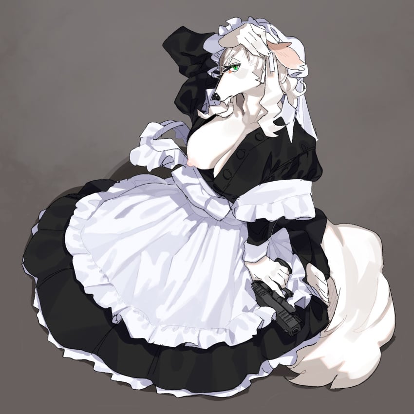 1girls 2025 anthro areolae breasts canid canine canis clothed clothed_anthro clothed_female clothing digital_media_(artwork) domestic_dog exposed_breasts female female_only fur furry green_eyes hair handgun hi_res kame_3 looking_at_viewer maid_uniform mammal nipples one_breast_out simple_background solo tail weapon white_body white_fur white_hair white_tail