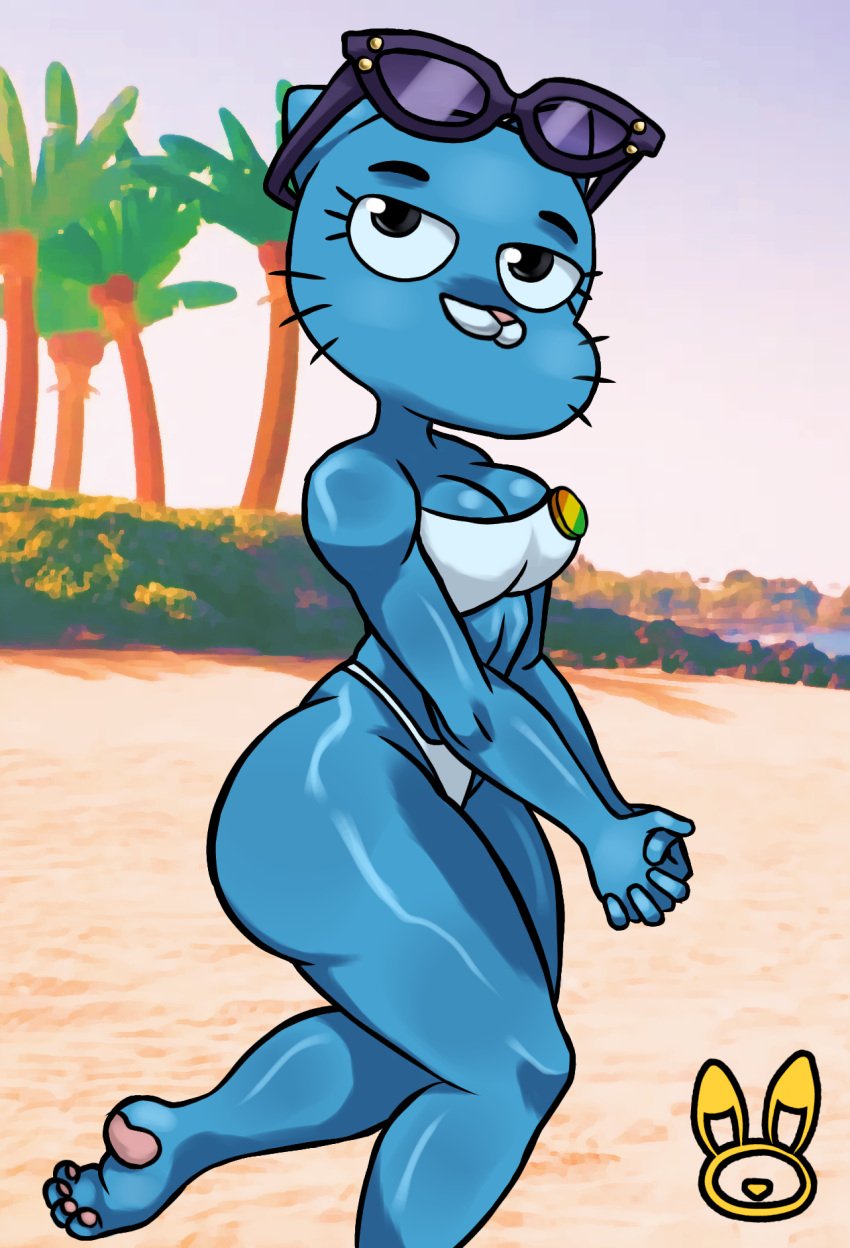 beach beach_background blue_fur cat_humanoid dark_pikchu furry holding_hands lifting_leg milf nicole_watterson sunglasses_on_head the_amazing_world_of_gumball thick_legs thick_thighs white_bikini