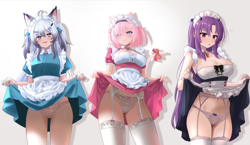 2d 2d_(artwork) 3girls alternate_costume animal_ears big_breasts blue_eyes blue_nails blush breasts cat_ears cat_tail estebaneishon1 fanart fanart_from_twitter female front_view fuwamochi_yomu grey_hair hair_over_one_eye heart-shaped_pupils high_resolution highres indie_virtual_youtuber latam_virtual_youtuber light-skinned_female light_skin lingerie long_hair looking_at_viewer maid maid_headdress maid_outfit maid_uniform medium_breasts mole mole_under_eye panties pink_hair pink_maid_outfit pink_nails purple_hair purple_nails runa_hoshino short_hair showing_panties simple_background slim_girl smiling smiling_at_viewer standing suggestive suggestive_look thighhighs virtual_youtuber vtuber vtuberfanart white_background white_lingerie white_panties white_thighhighs young younger_female yukine_olwin yume_girls!