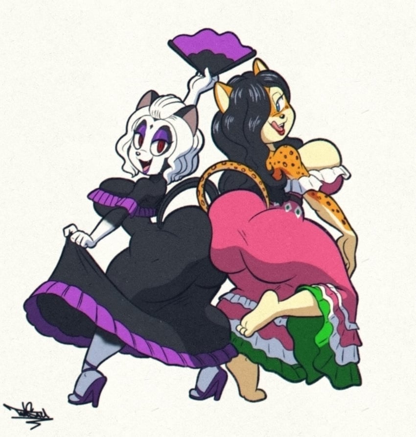 2025 anthro artist_logo artist_name artist_signature ass ass ass_squish ass_to_ass bedroom_eyes big_ass big_breasts big_butt black_clothing black_dress black_hair breasts butt_squish cheetah clothed clothing digital_drawing_(artwork) digital_media_(artwork) dress duo eyeshadow felid felid_humanoid feline feline_humanoid female footwear frilly frilly_clothing frilly_dress fur furry_only green_eyes hair hi_res high_heel_boots high_heels huge_ass huge_breasts huge_butt licking_lips lipstick looking_at_viewer looking_back looking_back_at_viewer makeup mammal mammal_humanoid markings multicolored_body multicolored_clothing multicolored_dress multicolored_fur oc open_mouth original_character pink_clothing pink_dress purple_eyeshadow red_eyes red_lipstick shoes simple_background smile smiling smiling_at_viewer spots spotted_body squish squished_ass tail tansau thick_thighs white_body white_fur white_hair wide_hips