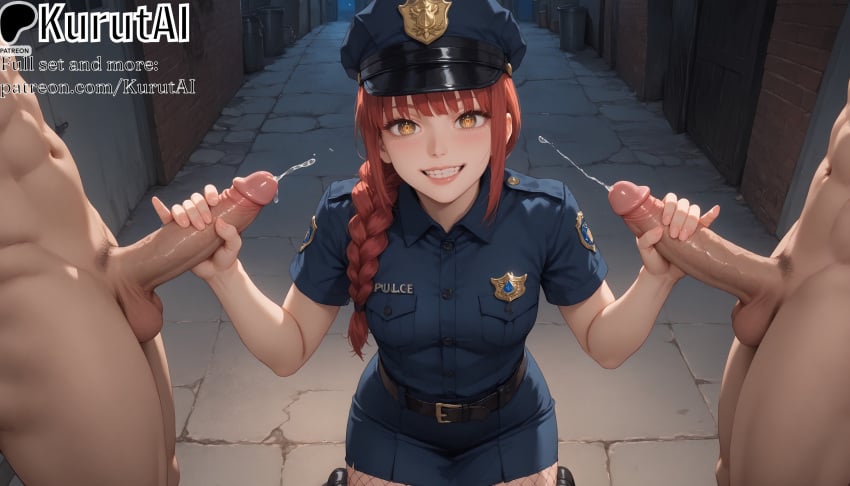 1girls 2boys ai_generated alley artist_name artist_signature braid braided_ponytail breasts chainsaw_man cum double_handjob ejaculation erection fishnet_pantyhose fishnets grin group_sex handjob hat hi_res high_resolution highres kurutai long_hair looking_at_viewer makima_(chainsaw_man) mmf_threesome multiple_boys nude orange_eyes pantyhose patreon peaked_cap penis police police_hat police_uniform policewoman red_hair shirt skirt smile solo_focus straight teeth testicles threesome uncensored uniform yellow_eyes