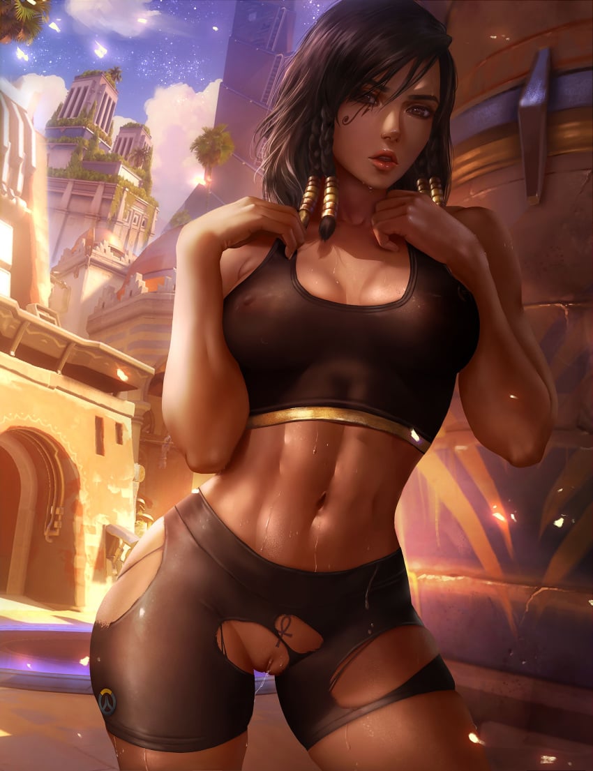 abs bike_shorts blizzard_entertainment breasts cleavage crop_top dark-skinned_female dark_skin female female_only logan_cure looking_at_viewer navel nipples overwatch pharah pussy pussy_juice pussy_juice_string see-through solo sweat tagme temple_of_anubis_(map) torn_clothes uncensored