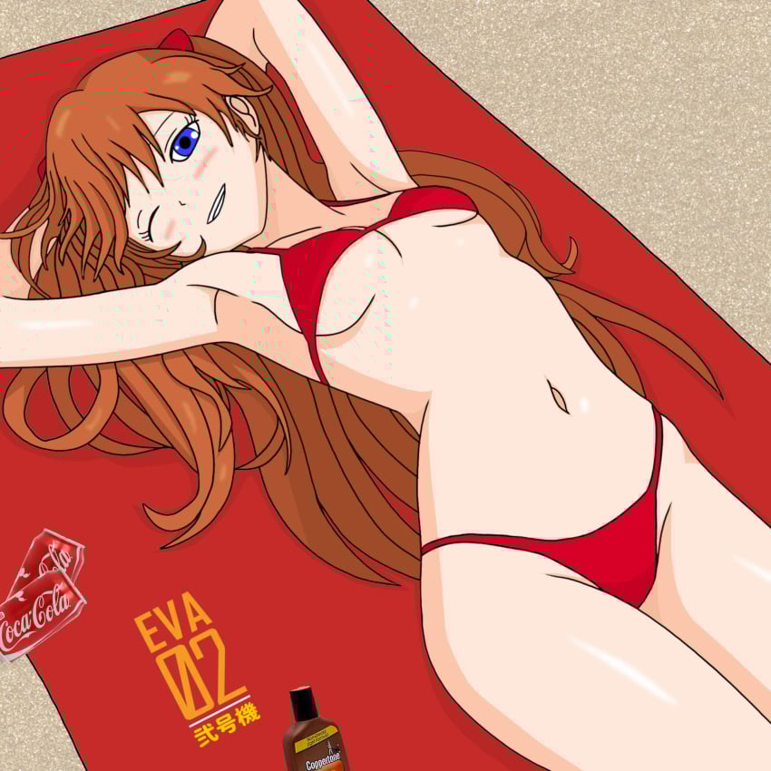 1girls armpits arms_behind_head asuka_langley_sohryu beach bikini blue_eyes blush breasts can cleavage coca-cola curvy drink_can female female_only grin half-closed_eye highres legs long_hair looking_at_viewer lying navel neon_genesis_evangelion one_eye_closed orange_hair pose posing red_bikini sensual sexy sexy_pose sideboob small_breasts smile soda_can solo swimsuit thighs thong_bikini towel twintails underboob wide_hips wink