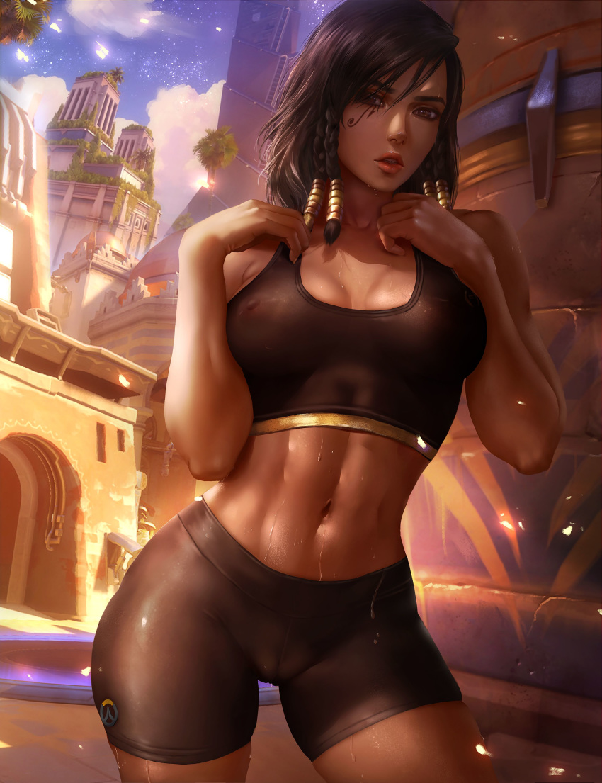 abs alternate_breast_size big_breasts bike_shorts blizzard_entertainment breasts cameltoe cleavage crop_top dark-skinned_female dark_skin female female_only large_breasts logan_cure looking_at_viewer navel nipples_visible_through_clothing overwatch pharah skin_tight solo sports_bra sweat temple_of_anubis_(map)