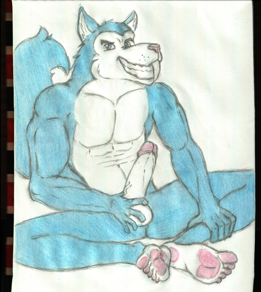 anthro balls biceps blue_fur canine cartoon_network crazy_company dc dc_comics feet feral fur husky invalid_tag krypto_the_superdog_(series) male male_only mammal muscular muscular_male nude penis pose simple_background smile solo teeth toes tusky_husky vein